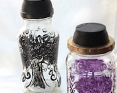 upcycled glass jar... handmade solar lights - hand painted: set of two black and purple trees with swirls