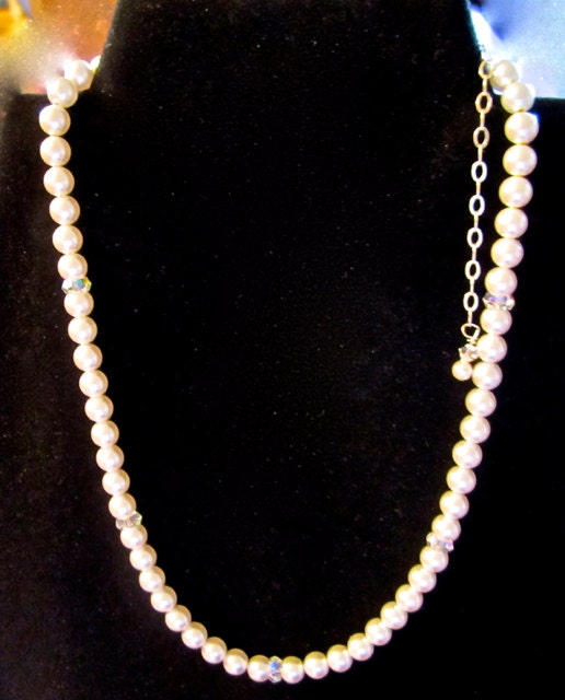 Great Prom Wedding/Bride Gift - Beautiful Swarovski White Pearl, Sterling Silver and Swarovski Crystal Necklace