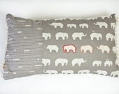 Hand-embroidered children's pillow with ombre elephants and pompom trim in 100% organic cotton