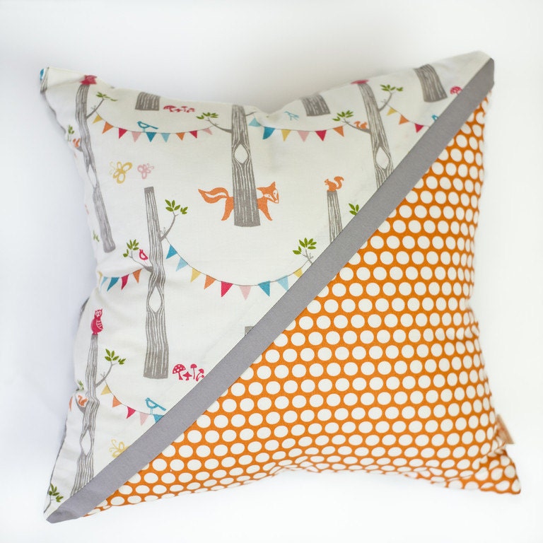fox party  with orange dots diagonal organic kids pillow