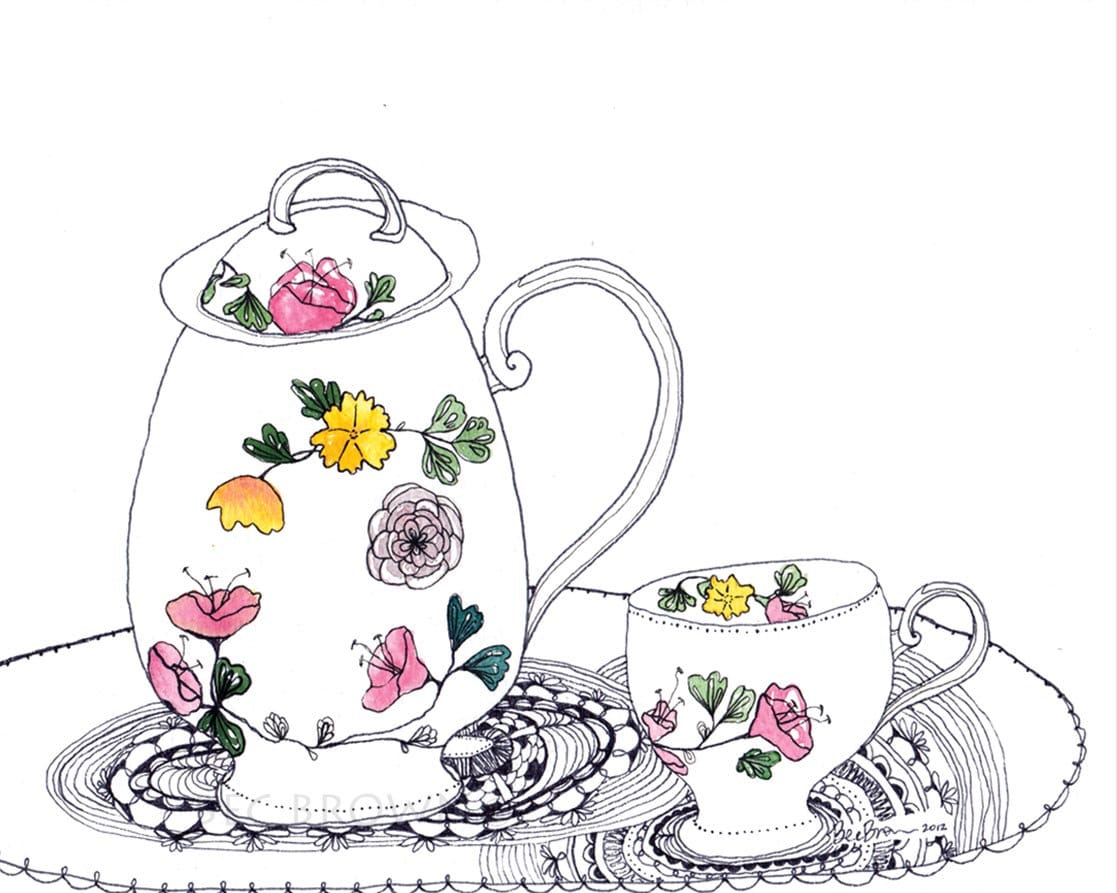 Vintage Jug & Teacup Watercolour Art Drawing 8x10" Print (unframed)