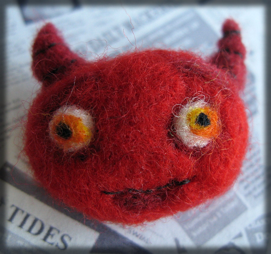 Felted Devil Brooch- 'Little Devil' Red Needle Felted Imp Monster Badge Pin
