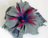 Felt Gray Blue Violet Unique Felted Flower Brooch Handmade Merino Wool