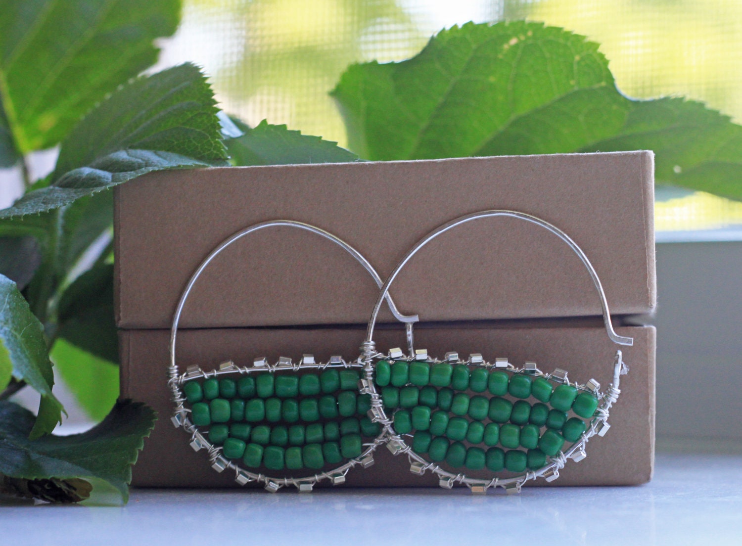 Beaded Hoop Earrings, Green African Glass Earrings, Wire Wrapped Jewelry, Handmade Silver Hoops, Bohemian Earrings, Bohemian Jewelry