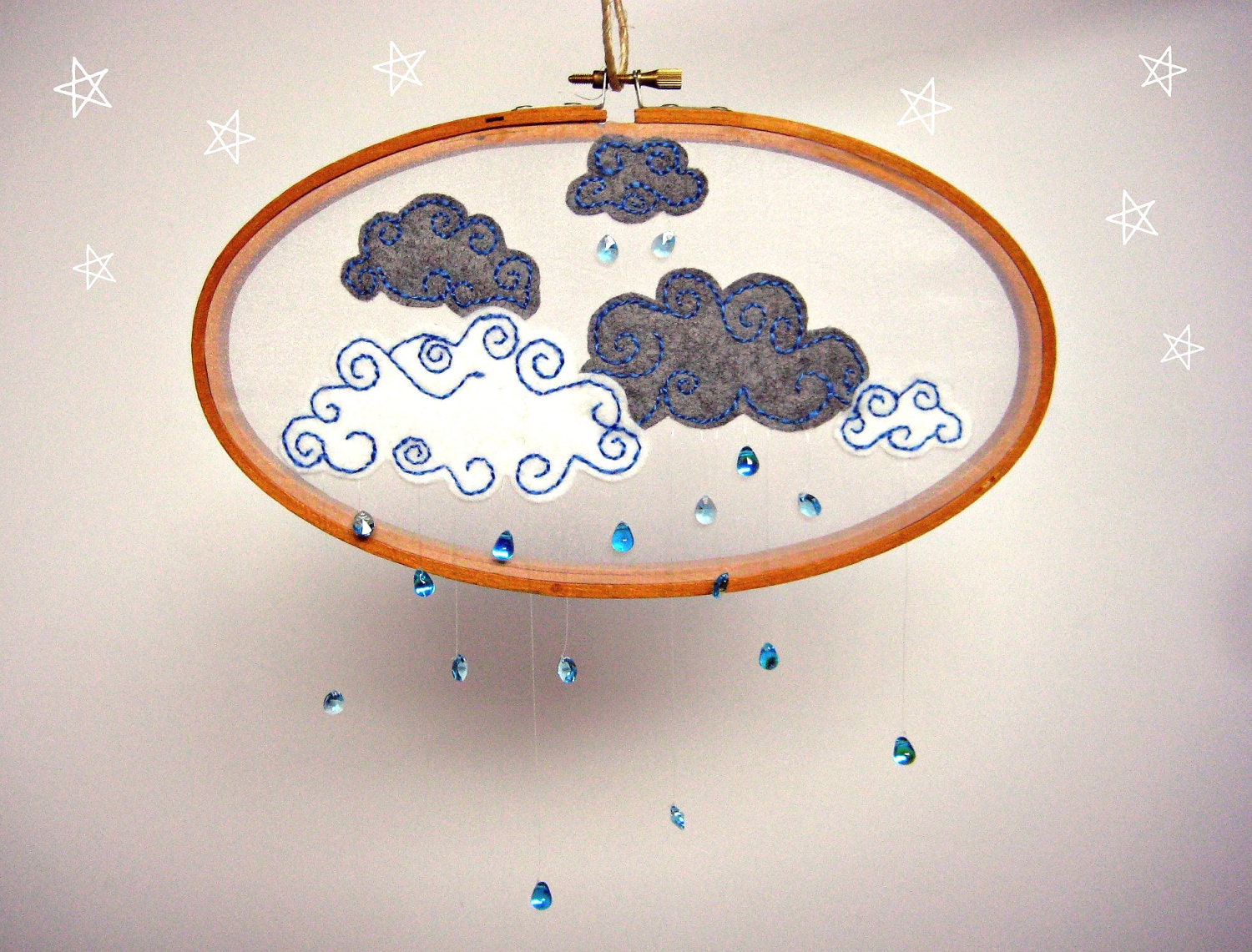 EMBROIDERED CLOUD SUNCATCHER - Needlecrafted rainclouds with beaded raindrop window decor