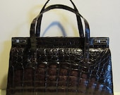 Lovely big vintage crocodile leather bag, croco handbag, dark chocolate brown colour
