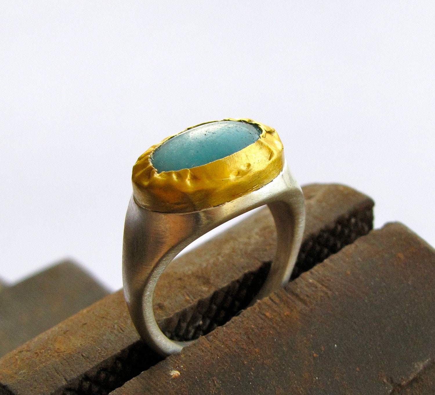 24k Yellow Gold With Sterling Silver Ring And Turquoise-  READY TO SHIP