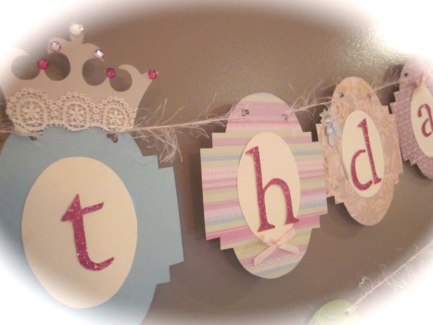 Happy first 1st Birthday Banner girl birthday party sign decorations shabby chic vintage style PRINCESS party tiara wand castle