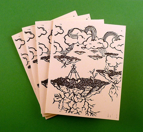 Fantasy Floating Islands Blank Linocut Cards