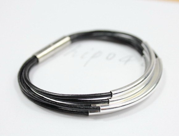 Sterling silver tubes bracelet, black leather bracelet, silver plated magnetic clasp