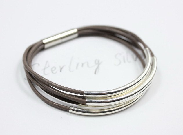 Sterling silver tubes bracelet, ash leather bracelet, silver plated magnetic clasp