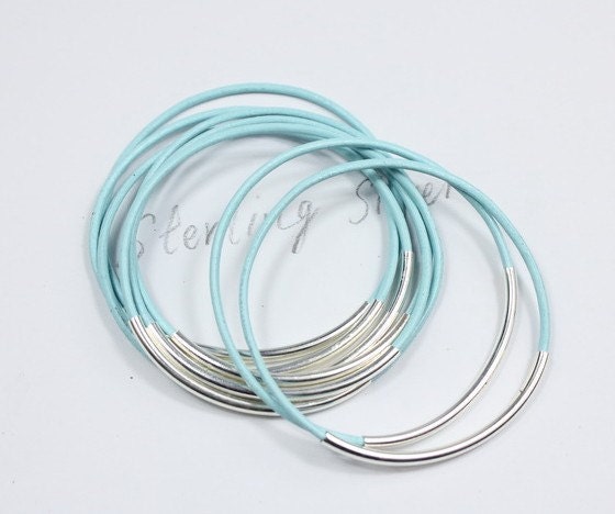 Sterling silver tubes bangle bracelet, baby blue leather silver bracelet