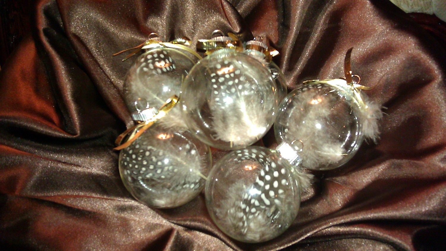 Feathered Christmas Ornaments Set (6) Brown/White - w/ Brn/Polka Dot Feathers - HealingCreationsMM