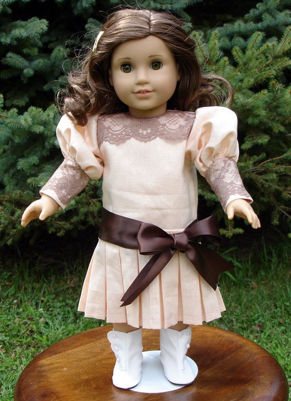 Titanic Era Peach Linen Brown Lace Dress fits American Girl Rebecca and other 18 inch dolls