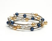 Blue and Gold Memory Wire Bracelet - Navy Blue Sun Yellow and White Glass Pearls and Antique Brass Curved Tube Beads - Handmade Jewelry
