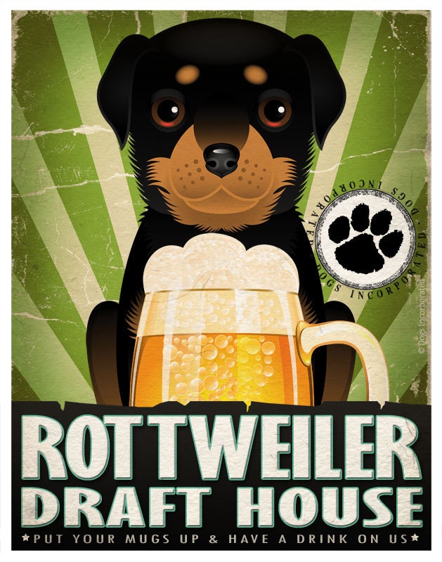 Rottweiler Drinking Dogs Original Art Poster Print - Personalized Dog Wall Art -11x14- Customize with Your Dog's Name - Dogs Incorporated