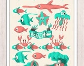 Nursery wall Art Print - Beach this way 01 - Sea animal illustration wall decor  - Nursery room modern  decoration-