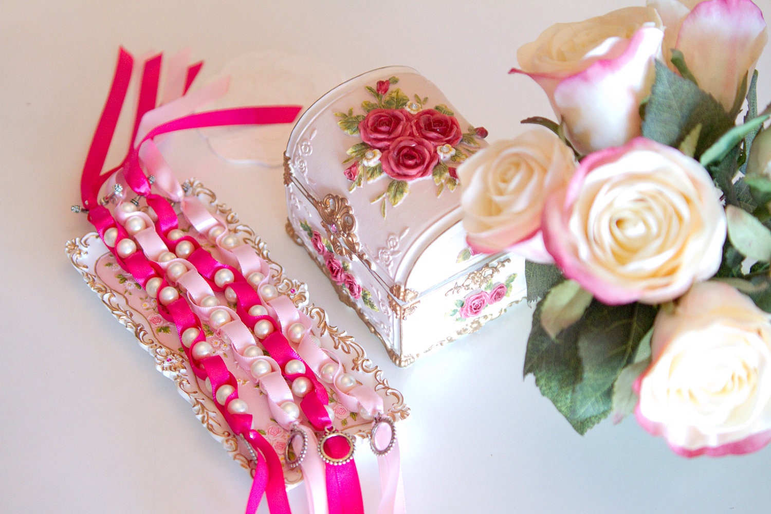 THINK PINK Twisted Ribbon Pearl Bracelet for Breast Cancer Awareness
