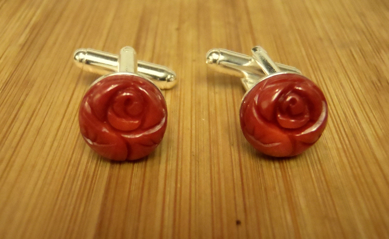 Rockabilly Rose Cuff Links / 1 Pair Red Bamboo Coral / Groom / Groomsmen / Best Man Gift Cufflinks