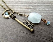 Simple Bronze pale blue Aquamarine Bead HOPE Key Lariat Pendant Crystal Handmade Necklace Jewelry Brass