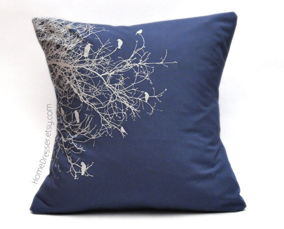 Pillow cover 16" navy blue birds on tree silhouette hand screen printed cotton