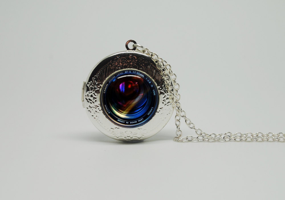 Silver Glass Locket Necklace with Inspired Camera Lens Canon