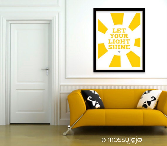Let your light shine 16x20 print. Yellow Wall art. Typography Print. Home decor. Kids wall art. Gift. By MossyJojo.