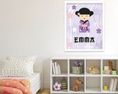 Japanese Kokeshi Doll Personalized 16x20 Print Baby nursery art, kids wall art, children décor, Japan art print. By MossyJojo.