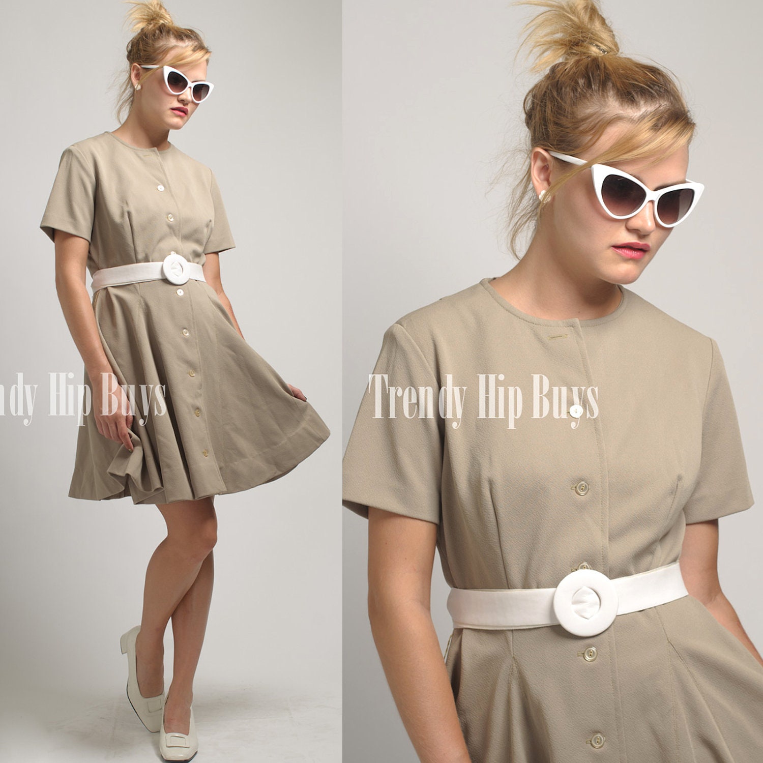 Vintage 60s MOD Khaki Green Knit Wiggle Gogo Mini Dress - M/L