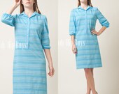 Vintage 60s Mod Blue White stripe Shirt Shift Day Dress - M/L