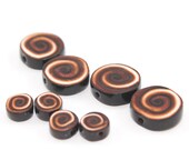 Unique spirals pattern beads, polymer Clay set of round beads in brown, gold, bronze and black, elegant flat beads in two sizes, set of 8