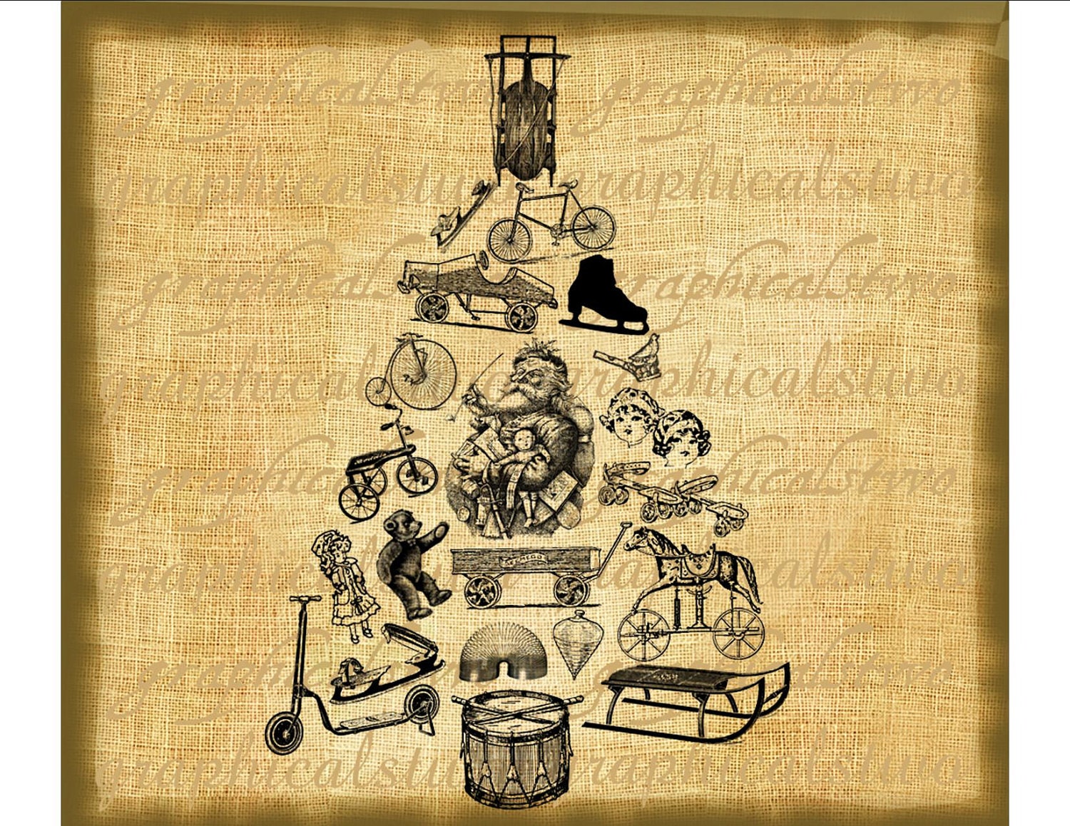 Christmas Toys Tree Digital download graphic image for iron on fabric transfer burlap decoupage pillows totes cards decals No. 899