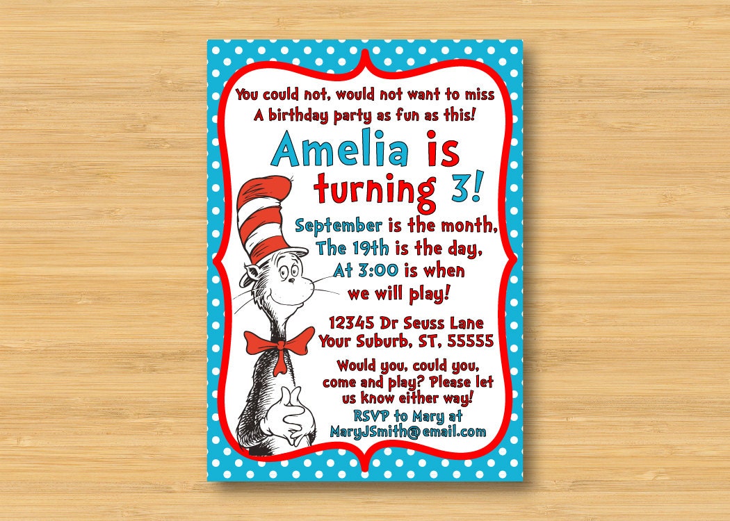 Dr Seuss Cat in the Hat Invitation - Printable - 5x7 Birthday Party Invitation