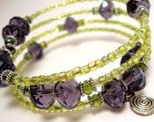 Purple and Green Crystal Memory Wire Bracelet, Lime Green Bracelet, Silver Wire Wrap Bracelet