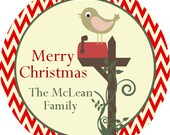 Holiday Stickers - Vintage Green and Red Chevron, Winter Birds and Fancy Mailbox Personalized Envelope Seal Sticker - 20 Round Holiday Label