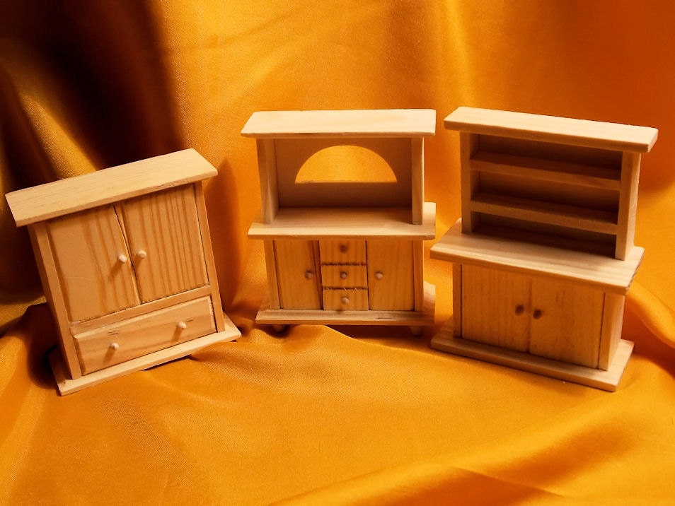 Doll House Cabinets - 3 Half Scale Cabinets - Dollhouse Hutch - Buffet - Armoire