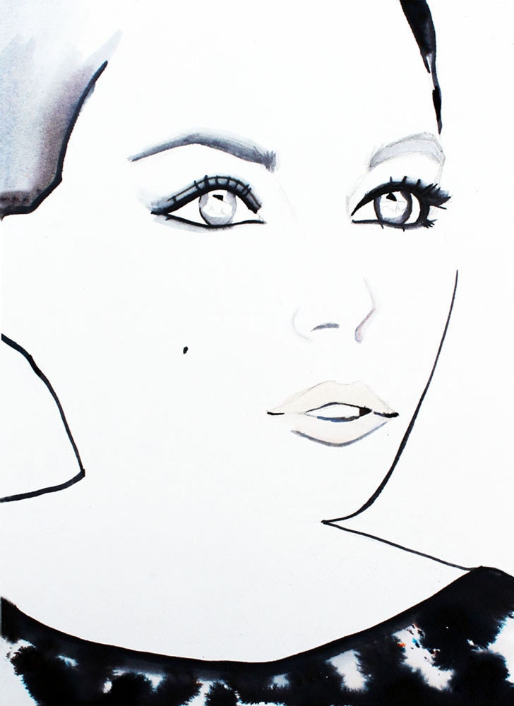 Fashion Illustration Print by Helen Simms from simple watercolour and ink portrait drawing