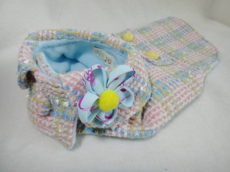 Pink and blue woolly dog winter coat Boucle tweed dog coat with fleece lining and flower brooch for small dogs (size: SS-SM)
