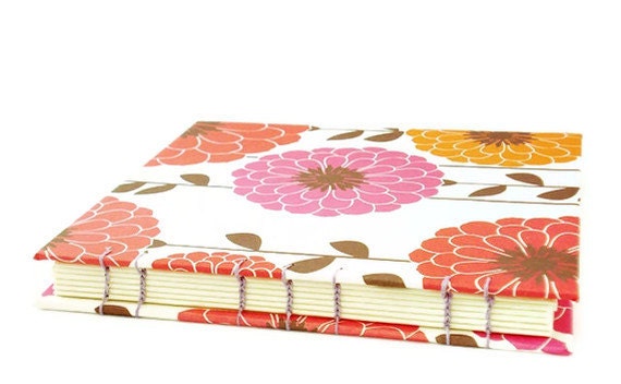 Easter Gift Handbound Blank Book Notebook - Pink & Orange Large Flowers - Journal Bound with a Coptic Stitch - Gift for Teen Girls