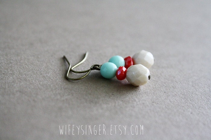 earrings cream, bright coral and mint czech glass beads