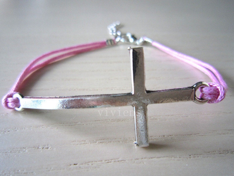 Sideways Cross-Sideways Cross bracelet -Retro Silver Cross pendant -adjustable bracelet-pink  rope
