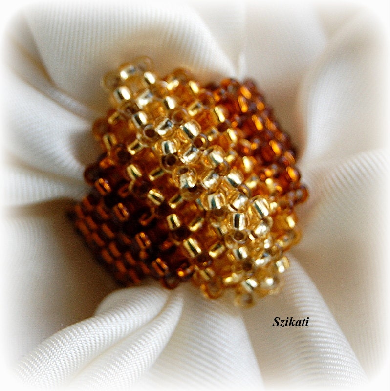 Seed bead jewelry. Gold honey brown ring, autumn fashion, right angle weave jewelry, OOAK