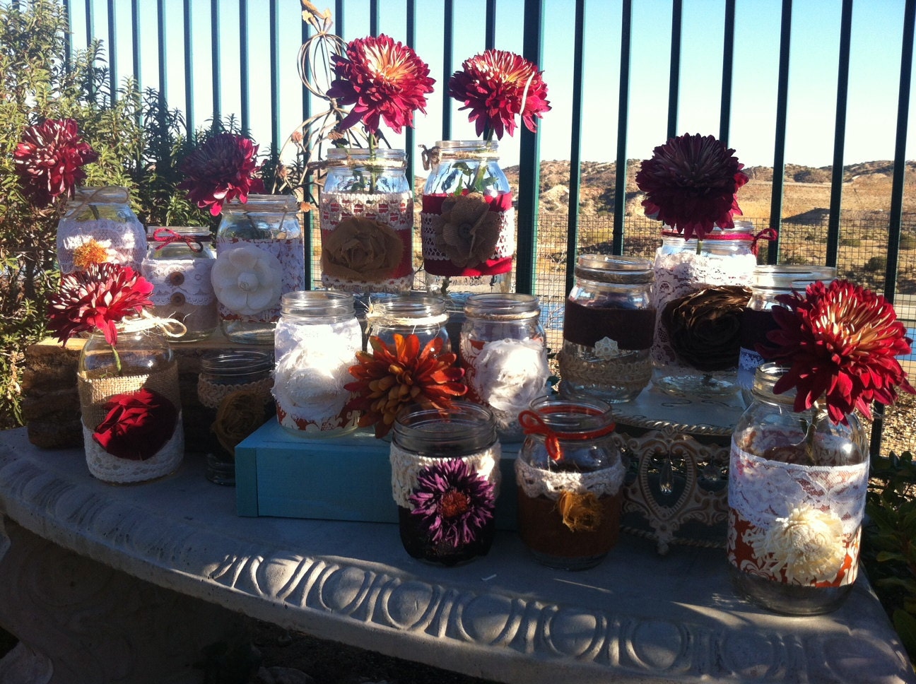 RUSTIC FALL CENTERPIECES: 30 Fall/Autumn Mason Jars. Rustic Wedding Centerpieces or Head Table decorations Burlap and Lace Jars