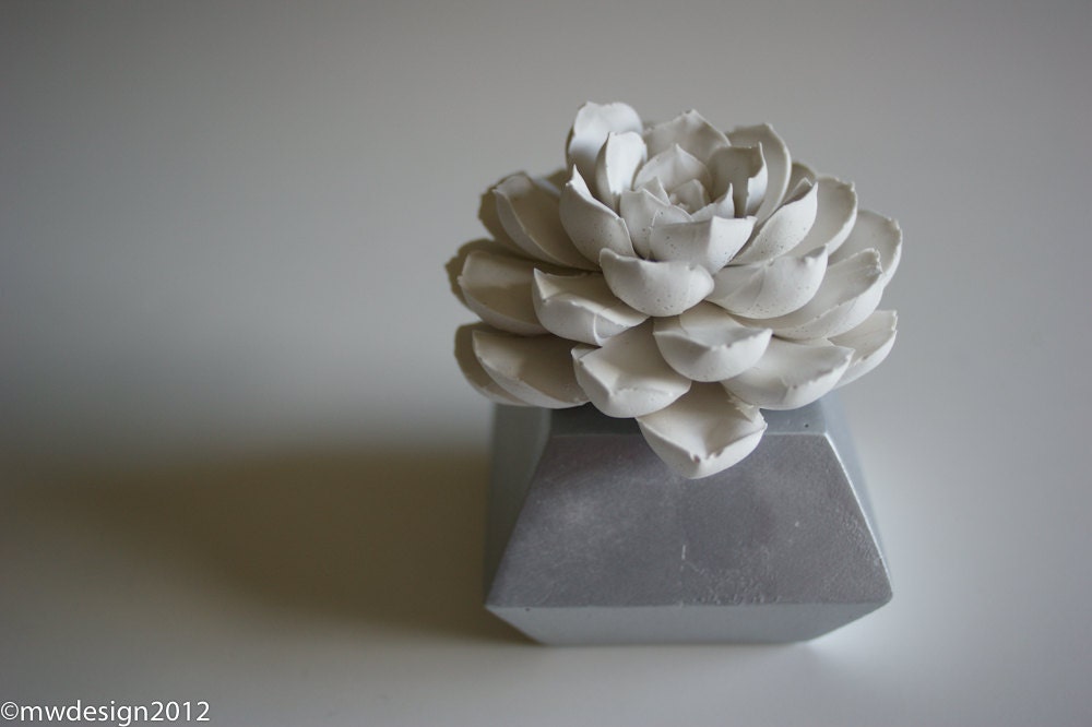 White Succulent Sculpture in Modern Faceted Container, Tabletop Centerpiece, Desktop Accessory