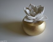 White Succulent Sculpture in Modern Round Container, Spring Desktop Accessory, Tabletop Centerpiece