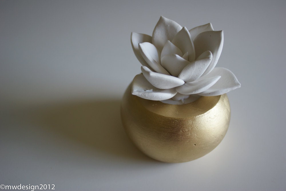 White Succulent Sculpture in Modern Round Container, Spring Desktop Accessory, Tabletop Centerpiece