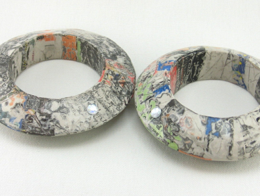 SALE...25% off...free shipping to US...BIGASS paper mache bangle set, two stacking bangles, recycled, upcycled