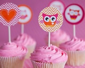 Cute Baby Owl Cupcake Toppers - Set of 12 - Pink, Orange and Chevron - Party Circles - Great for Baby Shower or Birthday Party