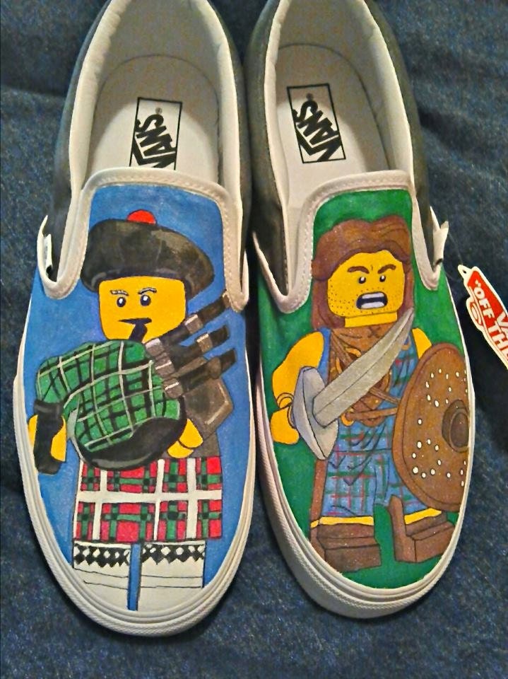 Hand-painted Lego Scottish Piper and William Wallace on Vans shoes