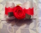 Dog Bow White w/ Pink Rose Center. Size 5/8.